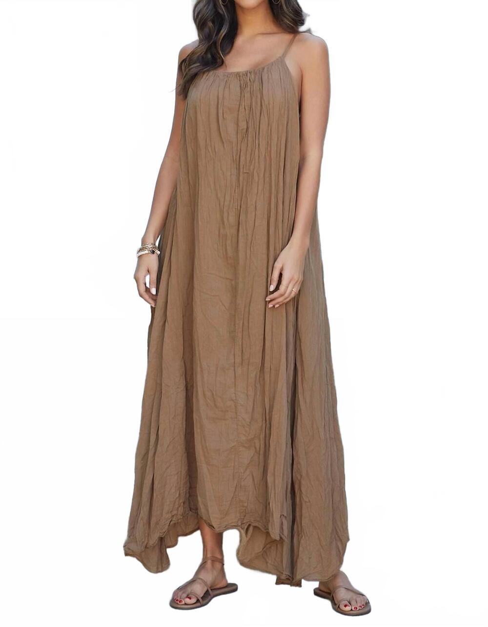 NEW MILIO MILANO spaghetti strap textured gauze maxi dress in camel